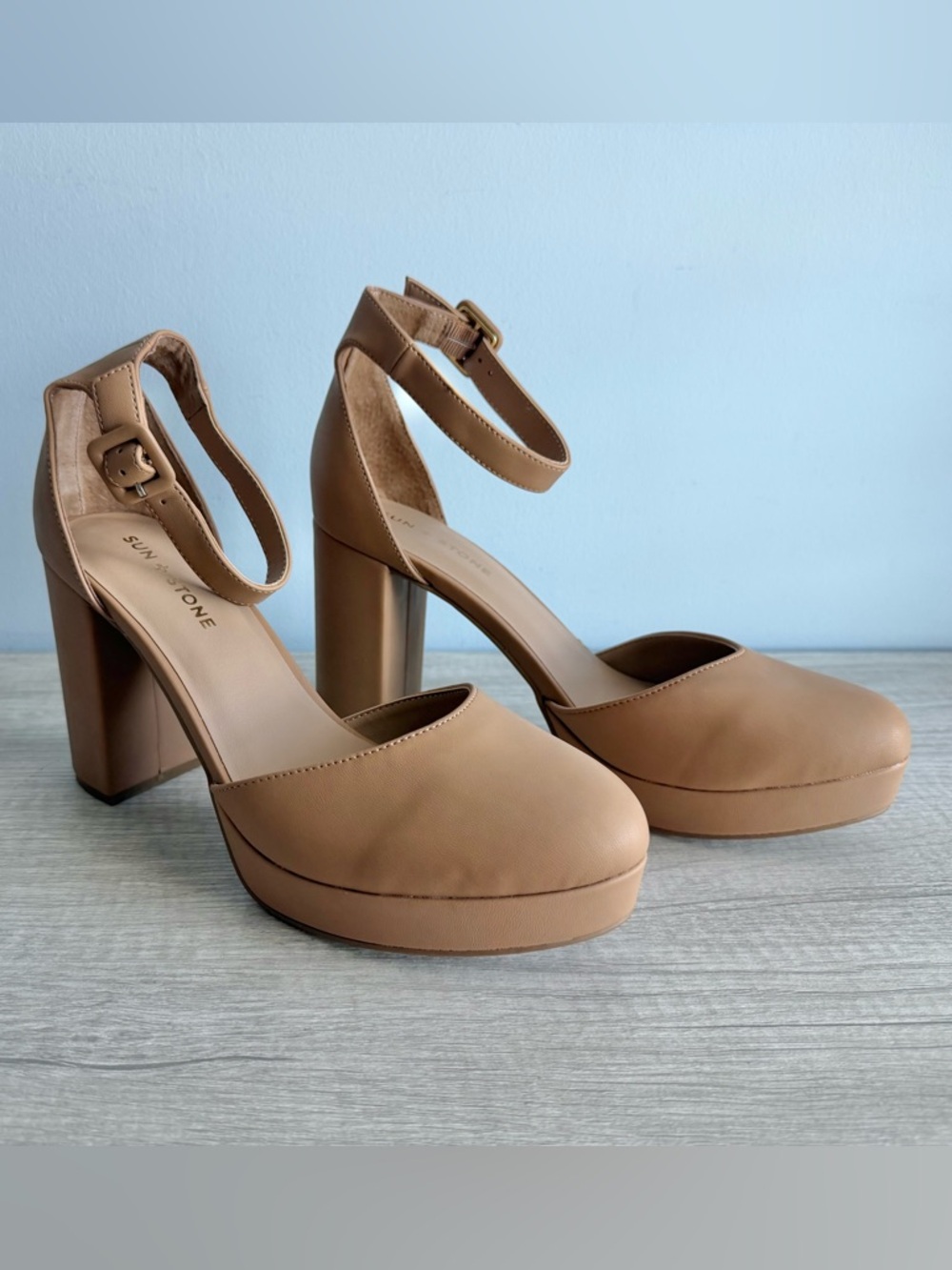 Sun + Stone Women's Nude Birdey Ankle Strap Block Heel Platform Pumps Size 10